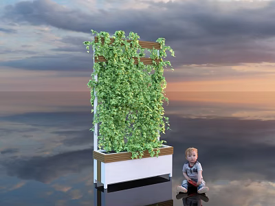 Green Bush Covered Vertical Garden Structure With Child Nearby Sunset Sky Clouds 3d model