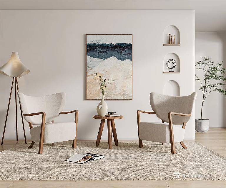 Cozy Modern Casual Sofa Set with Armchairs Side Table Painting Floor Lamp and Plant 3d model 