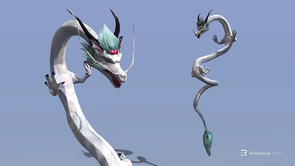 Game Movie Characters Large And Small White Dragons With Green Manes Horns And Red Accents 3d model 
