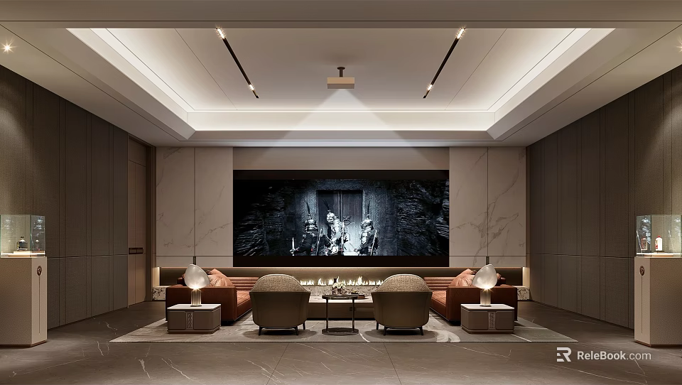 Modern Home Theater Room Interior With Large Projection Screen Comfortable Seating And Ambient Lighting 3d model 