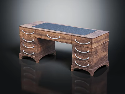 Classic Wooden Desk With Black Marble Top And Multiple Metal Handle Drawers For Home Office 3d model