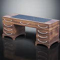 Classic Wooden Desk With Black Marble Top And Multiple Metal Handle Drawers For Home Office