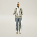 Woman in Gray Hooded Jacket White Scarf Blue Jeans and Beige Shoes in Light Backdrop