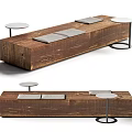 Rustic Wooden Bench With Gray Seat Cushions And Round Side Tables