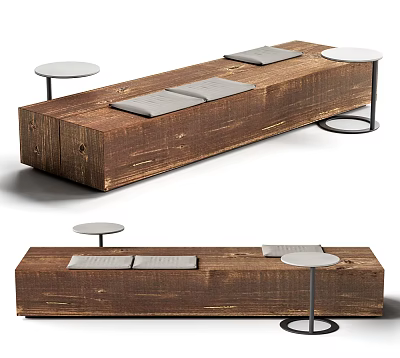 Rustic Wooden Bench With Gray Seat Cushions And Round Side Tables 3d model