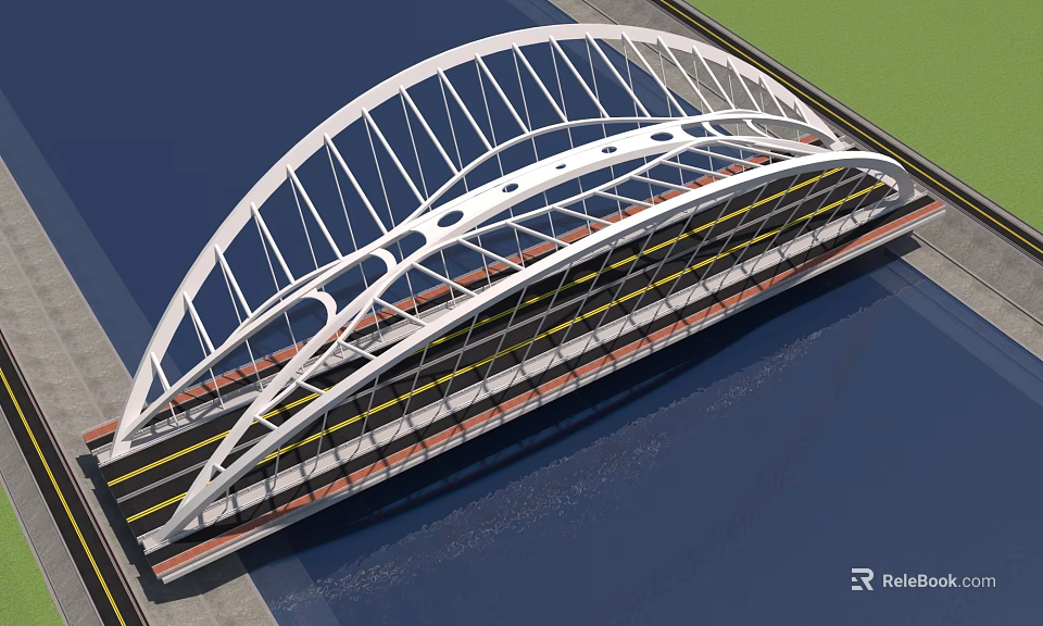 Modern Arch Bridge With White Steel Structure And Traffic Lanes Over River 3d model 