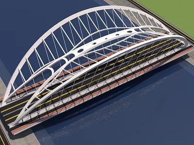 Modern Arch Bridge With White Steel Structure And Traffic Lanes Over River 3d model