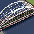 Modern Arch Bridge With White Steel Structure And Traffic Lanes Over River