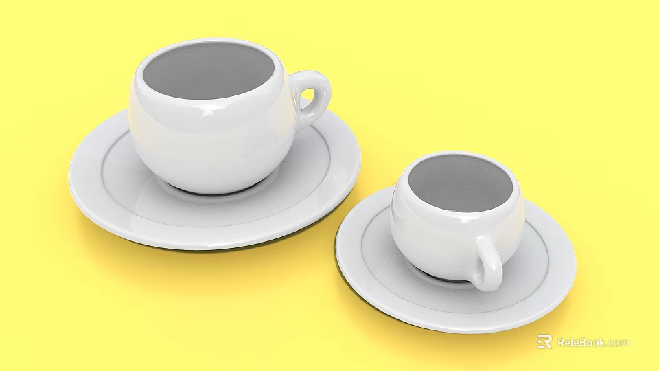 Two White Ceramic Cups with Saucers Placed on Yellow Background Surface 3d model 