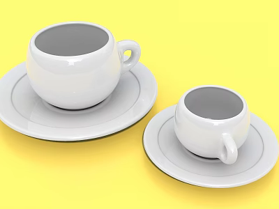 Two White Ceramic Cups with Saucers Placed on Yellow Background Surface 3d model