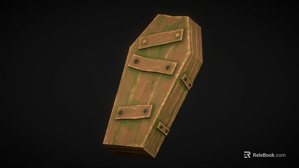 Rustic Coffin Shaped Wooden Box With Metal Straps And Textured Surface 3d model 