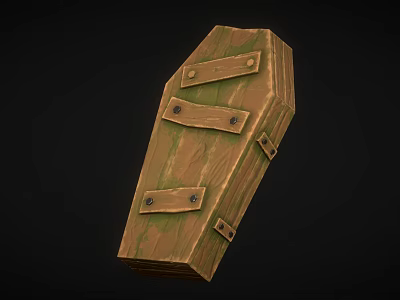Rustic Coffin Shaped Wooden Box With Metal Straps And Textured Surface 3d model