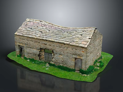 Rustic Stone Residential House With Slate Roof Iron Barred Windows Wooden Door And Green Grass 3d model