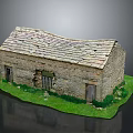 Rustic Stone Residential House With Slate Roof Iron Barred Windows Wooden Door And Green Grass