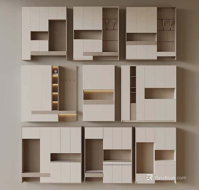 Modern Shoe Cabinet Combination With Various Designs White Light Colored Compartments And Storage Spaces 3d model 