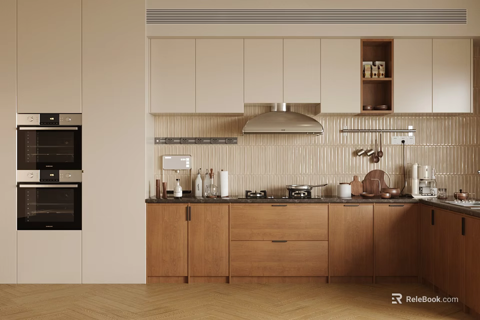 Modern Kitchen With Light Upper Cabinets Wooden Lower Cabinets Range Hood And Tile Backsplash 3d model 