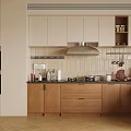 Modern Kitchen With Light Upper Cabinets Wooden Lower Cabinets Range Hood And Tile Backsplash