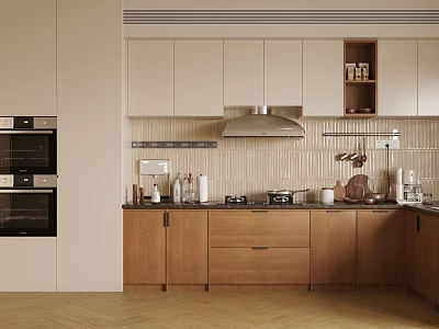 Modern Kitchen With Light Upper Cabinets Wooden Lower Cabinets Range Hood And Tile Backsplash 3d model