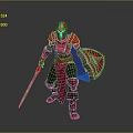 Man wearing red armor holding sword and shield in battle stance with dynamic pose