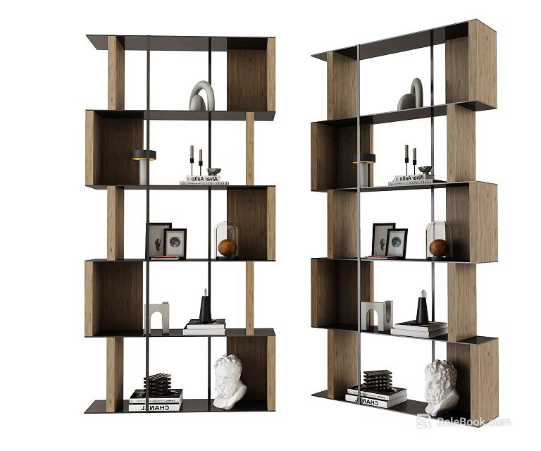 Modern Wooden Open Shelving Unit With Sculptures Photo Frames And Books 3d model 