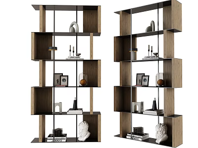 Modern Wooden Open Shelving Unit With Sculptures Photo Frames And Books 3d model