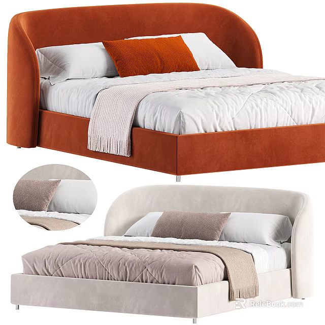Orange And White Velvet Double Bed With Pillows Blankets And White Bed Sheets 3d model 