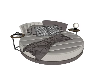Modern Round Bed with Soft Headboard Checkered Pillows Blanket and Side Nightstands Lamp 3d model