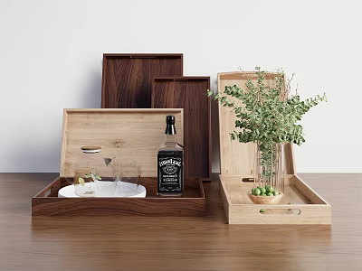 Practical Wooden Trays in Various Styles with Wine Glasses Bottle Plant and Small Fruits for Home Use 3d model