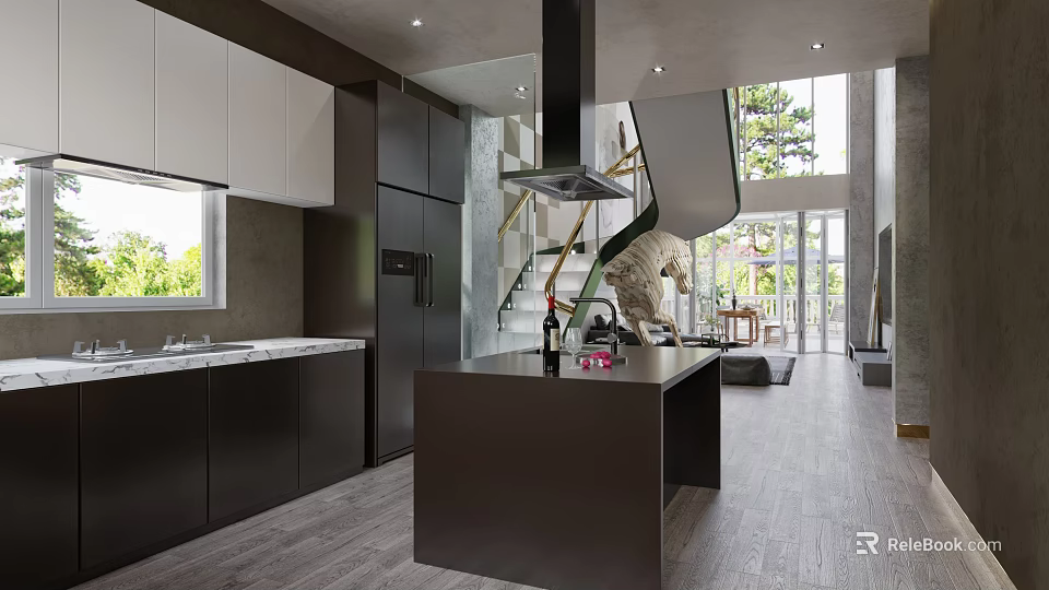 Modern Kitchen Interior With Black And White Cabinets Central Island Open Layout Wooden Flooring 3d model 