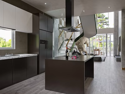 Modern Kitchen Interior With Black And White Cabinets Central Island Open Layout Wooden Flooring 3d model