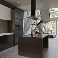 Modern Kitchen Interior With Black And White Cabinets Central Island Open Layout Wooden Flooring