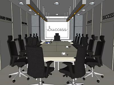 Modern Meeting Room With Long Table Black Office Chairs Whiteboard And Success Slogans 3d model