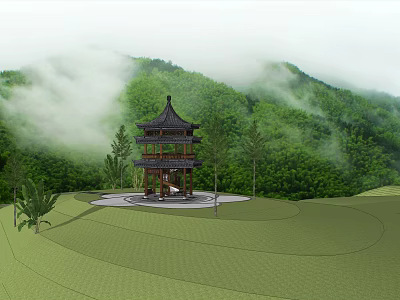 Traditional Chinese Pavilion Scenic View With Green Mountains Misty Forest And Lush Grassland 3d model