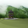 Traditional Chinese Pavilion Scenic View With Green Mountains Misty Forest And Lush Grassland