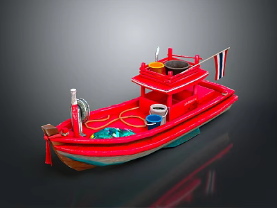 Red Water Transport Boat With Bucket Hose and Flag on Upper Deck 3d model