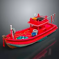 Red Water Transport Boat With Bucket Hose and Flag on Upper Deck