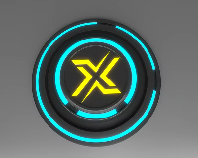 Internet Cafe Modern Tech Inspired Logo With Glowing Yellow X Symbol And Blue Circular Ring 3d model