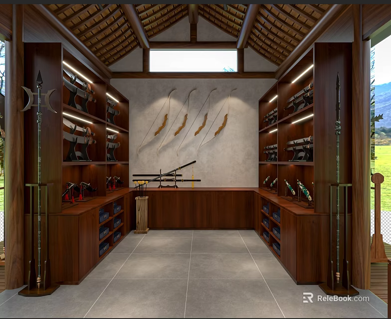 Firearms Weapons Display Room Interior With Wooden Cabinets Wall Decor Skylight Outdoor View 3d model 