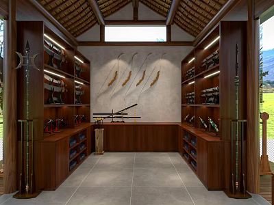 Firearms Weapons Display Room Interior With Wooden Cabinets Wall Decor Skylight Outdoor View 3d model