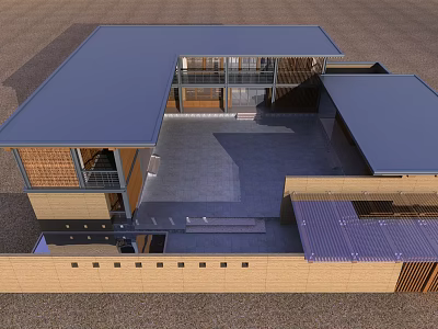 Modern Courtyard House Design With Blue Roof And Wooden Stone Structures 3d model
