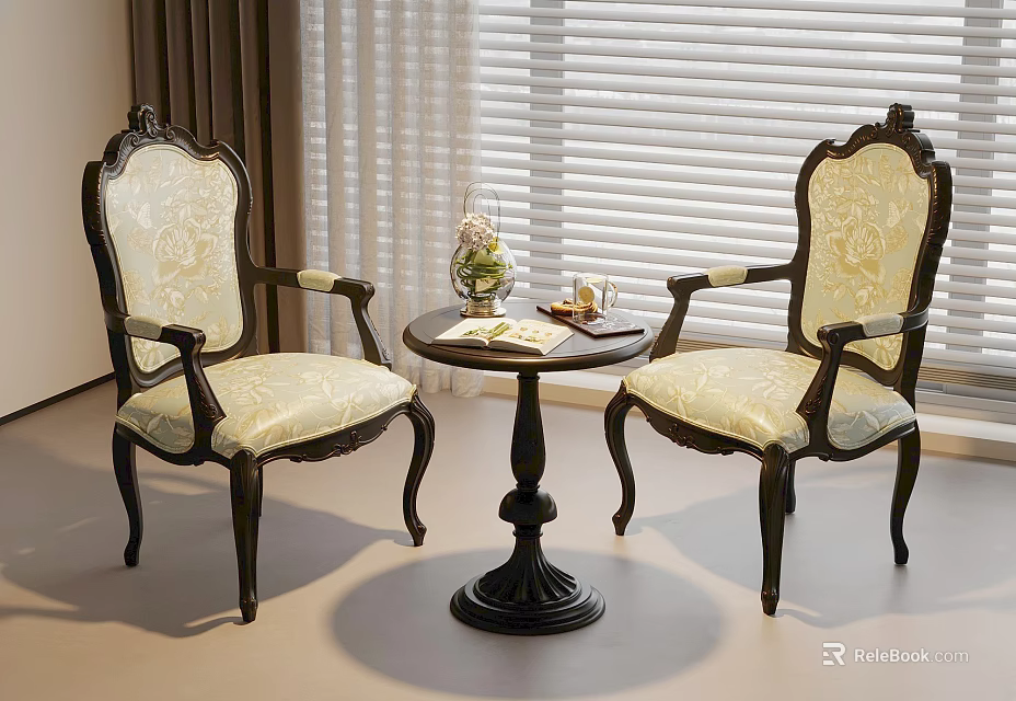 European Table Chair Set With Carved Armrests Light Patterned Fabric And Black Round Table 3d model 