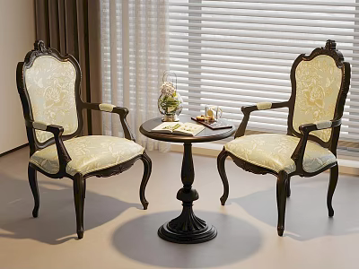 European Table Chair Set With Carved Armrests Light Patterned Fabric And Black Round Table 3d model