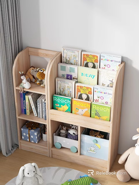 Wooden Bookshelf With Children's Books Stuffed Toys And Lattice Storage Boxes 3d model 