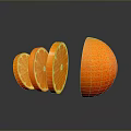 Fresh Orange Fruit Sliced Pieces And Half With Reflection On Dark Surface