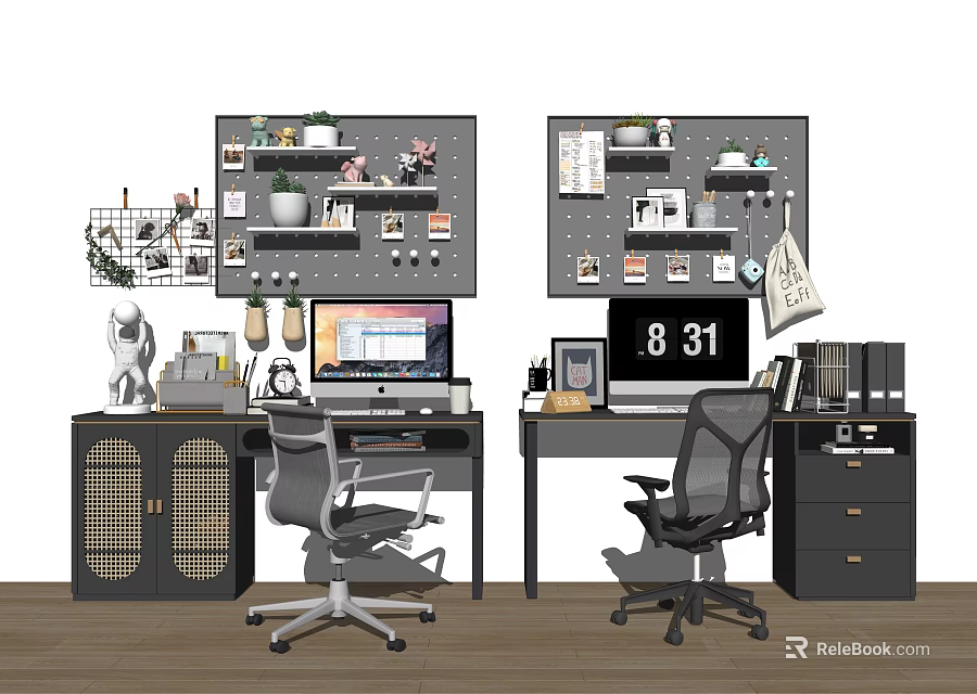 Modern Home Office Desk Setup With Computer Lamp Wall Shelves Plants Photos And Office Chair 3d model 