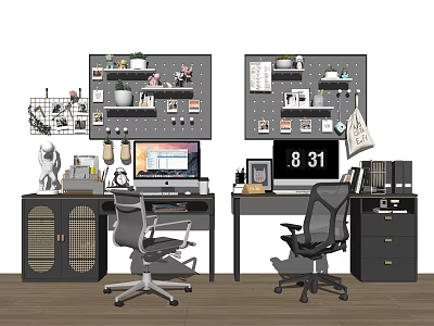 Modern Home Office Desk Setup With Computer Lamp Wall Shelves Plants Photos And Office Chair 3d model