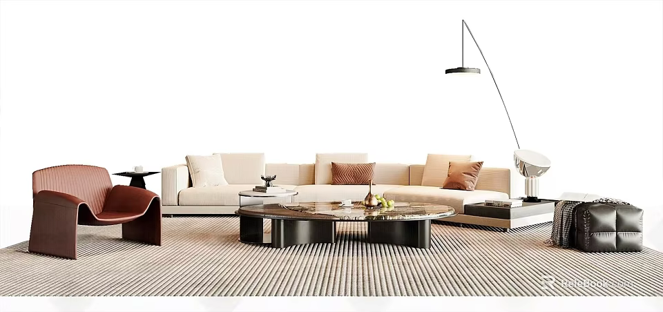 Modern Light Colored Sofa Coffee Table Set with Decorative Pillows Striped Rug and Floor Lamp 3d model 