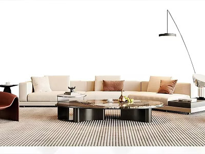 Modern Light Colored Sofa Coffee Table Set with Decorative Pillows Striped Rug and Floor Lamp 3d model