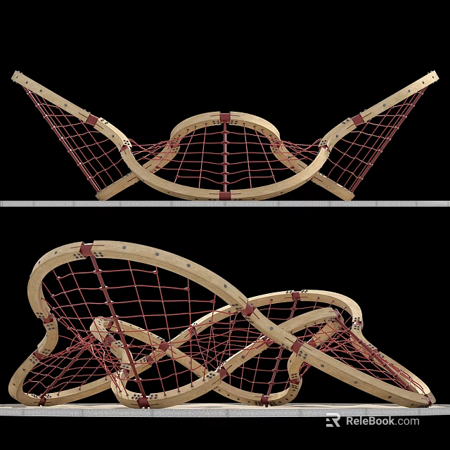Intertwined Climbing Play Equipment With Wooden Frame And Red Net Structure 3d model 