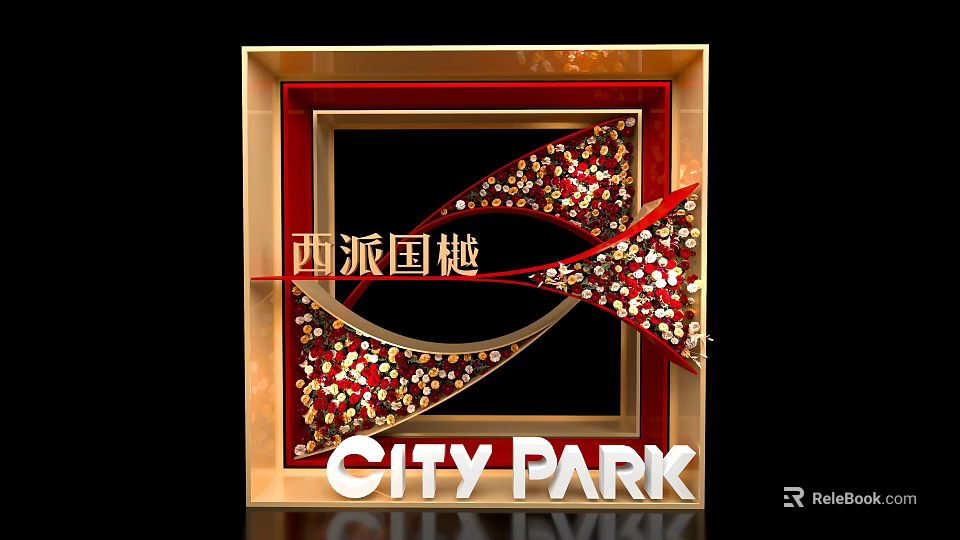 Floral Display Design for City Park With Golden Frame Red Decorative Elements 3d model 